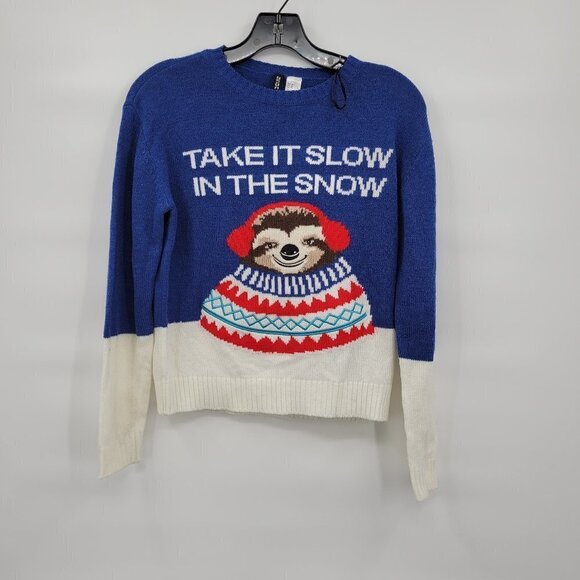 H&M Women Blue Sloth Take It Slow In The Snow Knit Oversize Sweater Size XS - Picture 1 of 10